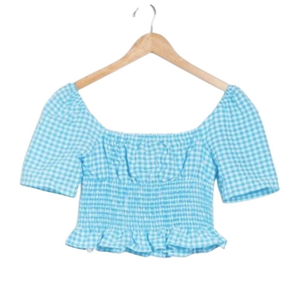 Gingham Smocked Cropped Top blue and white M